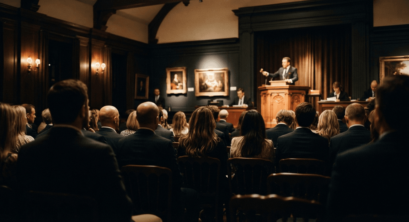 Bidders seated in a wood-panelled auction room as the auctioneer takes bids